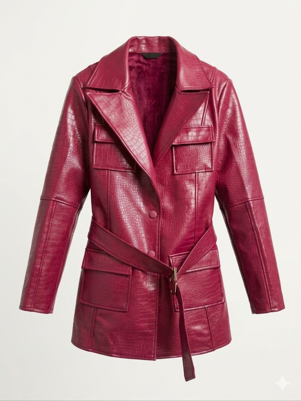 JLUXLABEL | Faux Leather Croc Embossed Belted Jacket In Burgundy